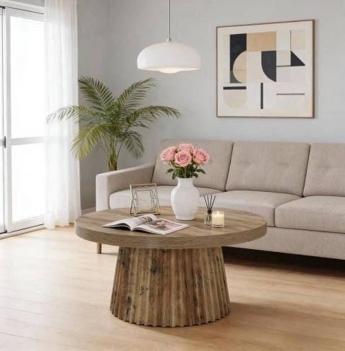 Tavolino da caffè rotondo ? 80 cm in MDF marrone con base scanalata
