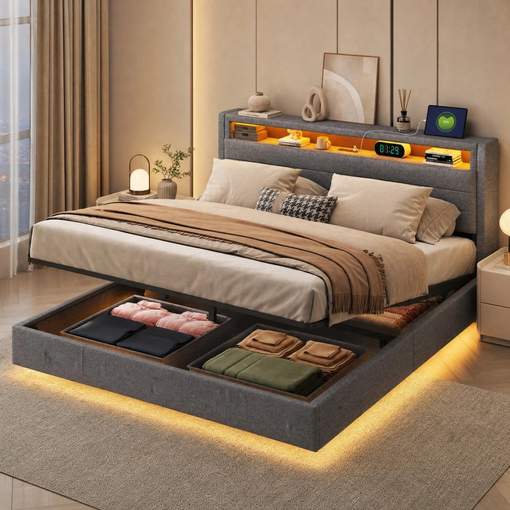 LETTO Contenitore Idraulico 160x200 cm Tessuto Grigio con USB e LED