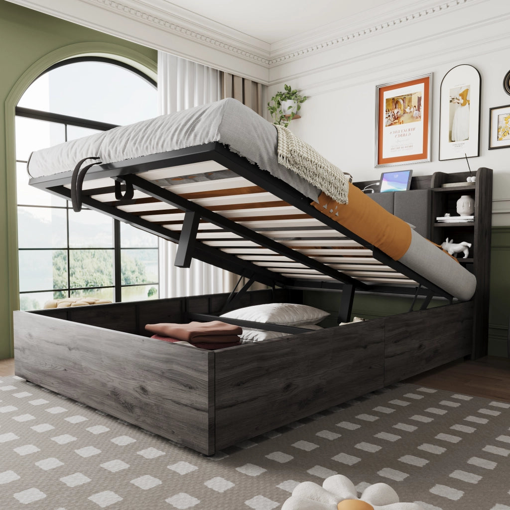 OKWISH Letto contenitore 140×200 cm, Letto Matrimoniale con Contenitore Idraulico, USB, Tipo C e Scomparti, senza Materasso, MDF, Grigio