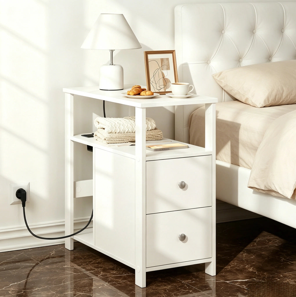 Tavolino stretto con presa; 2 cassetti e 2 ripiani; 60x60x30 cm; bianco