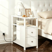 Tavolino stretto con presa; 2 cassetti e 2 ripiani; 60x60x30 cm; bianco