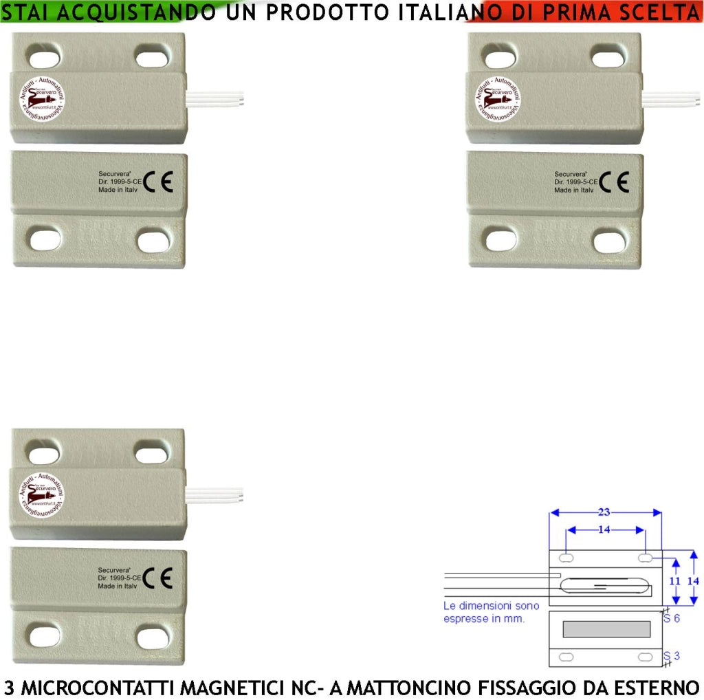 Mini Sensore Magnetico NC Bianco 3 Pezzi Antifurto per Infissi Tensione Max 100 V Corrente 1 A Reed in Ampolla Sottovuoto Sensibilità Magnetica 10 mm Contenitori Con Fori di Fissaggio IP65 4 Fili