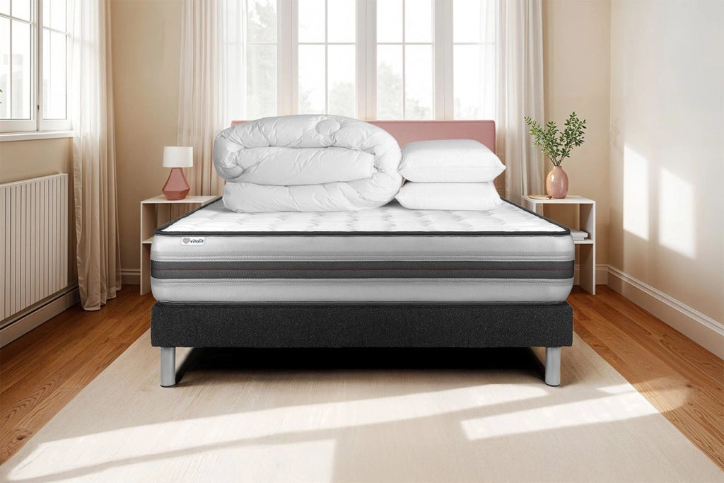 Pacchetto letto completo - Materasso 140x190cm + Box spring con doghe (in kit) + 2 cuscini + Piumino - Vitalpower Recover