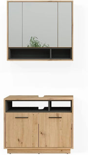 Set di mobili da bagno Beatrice, Rovere artigianale, 80 cm, composto da specchio da bagno e mobile sottolavabo