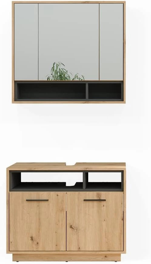 Set di mobili da bagno Beatrice, Rovere artigianale, 80 cm, composto da specchio da bagno e mobile sottolavabo