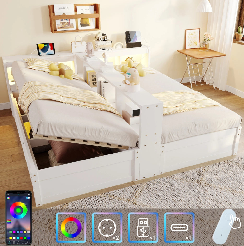Letto multifunzione 90/180x200 cm con LED, prese e contenitore