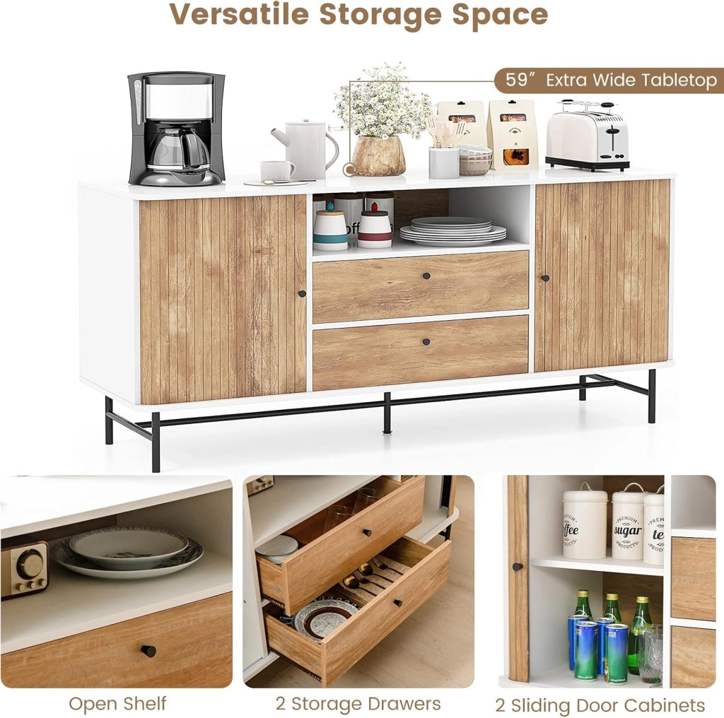 Credenza con ante scorrevoli, armadio a buffet con 2 cassetti e 1 ripiano aperto, comò in legno con protezione antiribaltamento, mobile TV per soggiorno, cucina, 150 x 45 x 74 cm