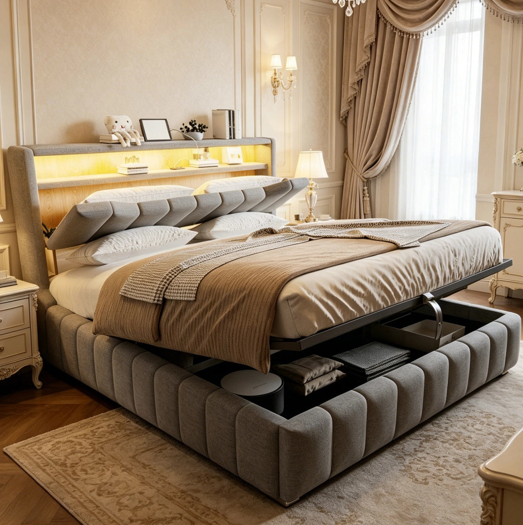 Letto matrimoniale imbottito 180x200 cm con contenitore, LED e USB