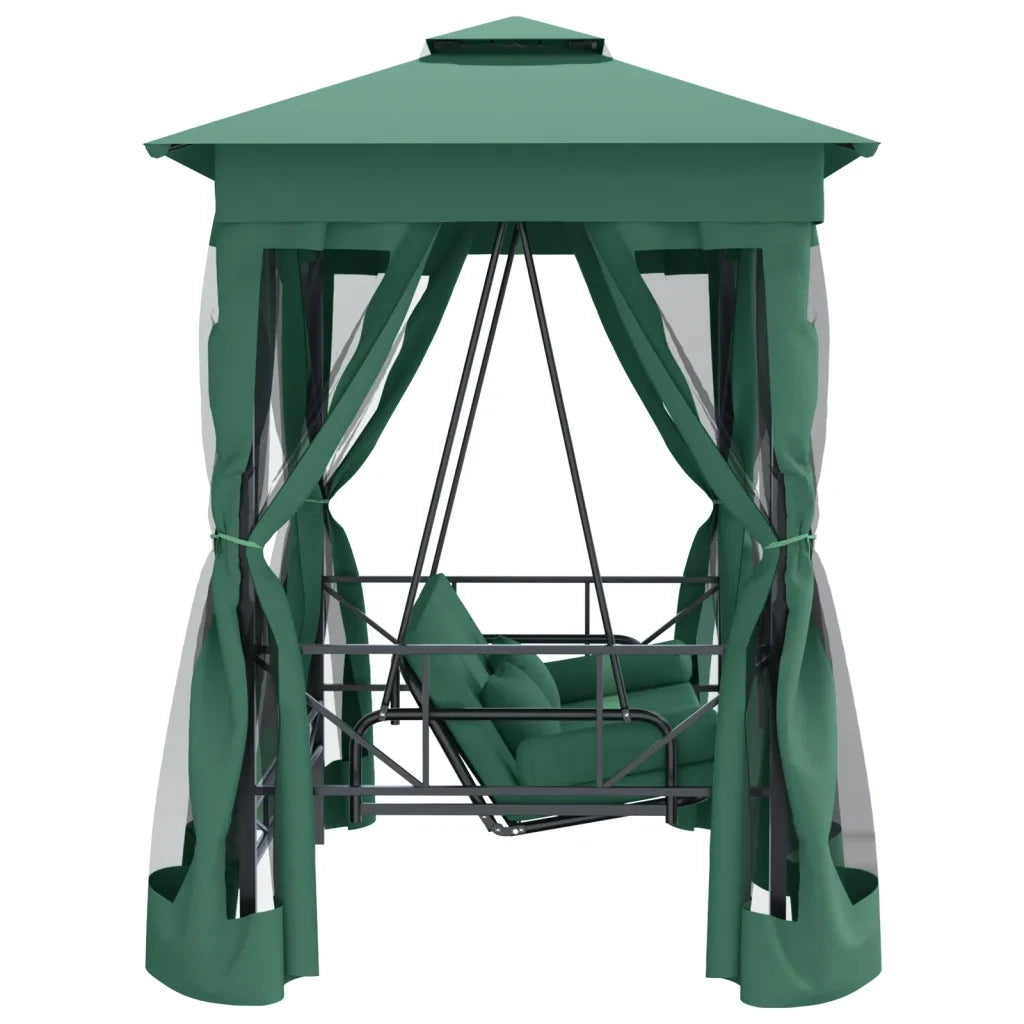 Gazebo con Panca a Dondolo Convertibile Verde Tessuto e Acciaio 363327