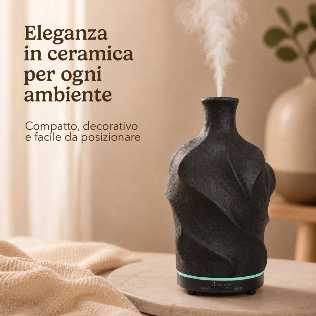 Diffusore di Aromi 80 ml in Ceramica con Luce LED 7 Colori, Umidificatore per Oli Essenziali con Timer 1/2 Ore, Alimentazione USB-C 5V, Design Compatto Nero