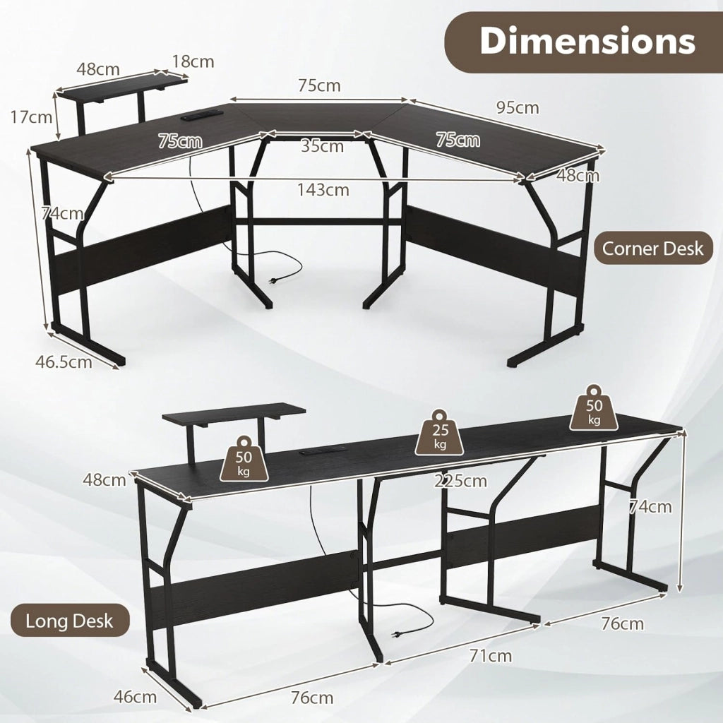 Scrivania a forma di L, trasformabile, 148 x 148 x 91 cm, tavolo angolare con porte di ricarica e prese, scrivania da ufficio con ripiano per monitor (nero)
