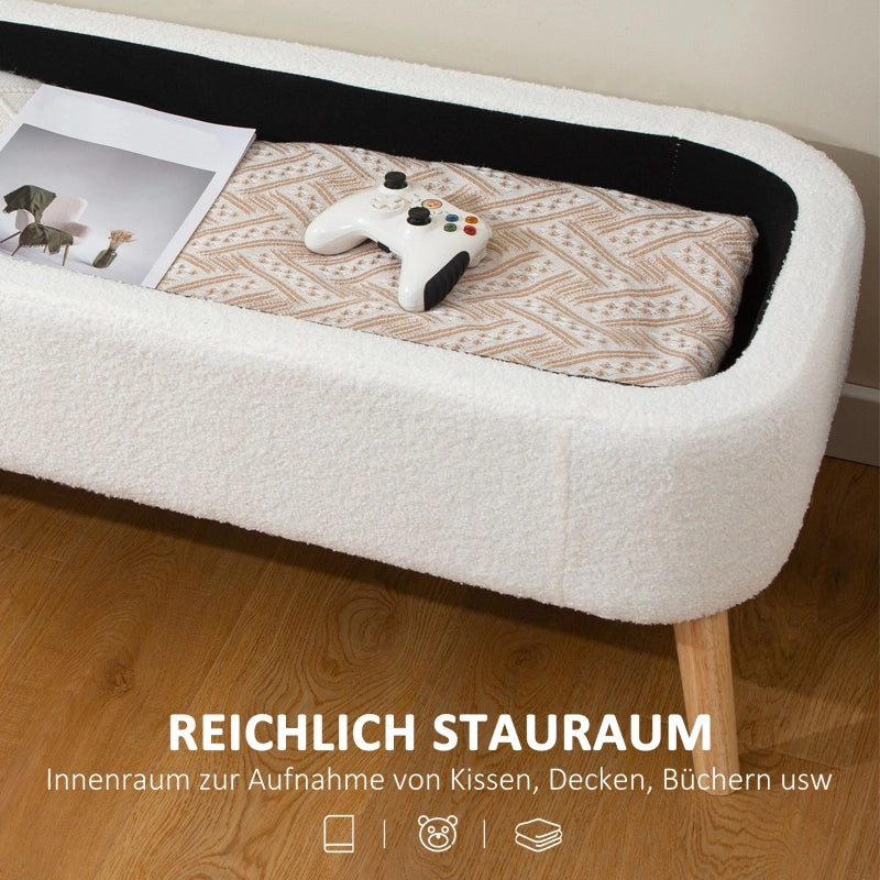 Panca contenitore con 65 l di spazio, seduta imbottita in pile e legno di caucciù bianco crema 120 × 42 × 45 cm
