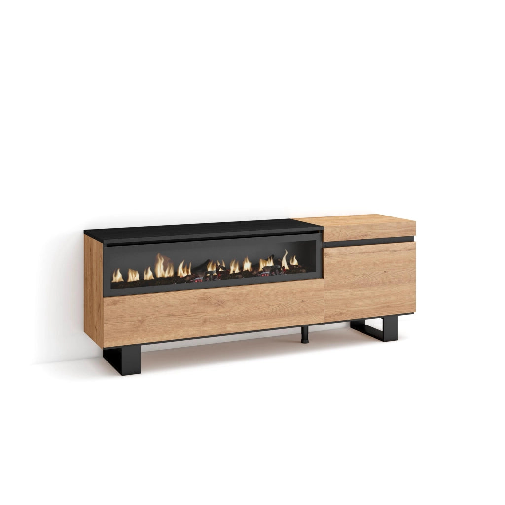 Mobile TV Soggiorno, 150x35x57cm, Per TV fino a 65", Camino elettrico, Design industriale, colore Rovere e nero RF2431