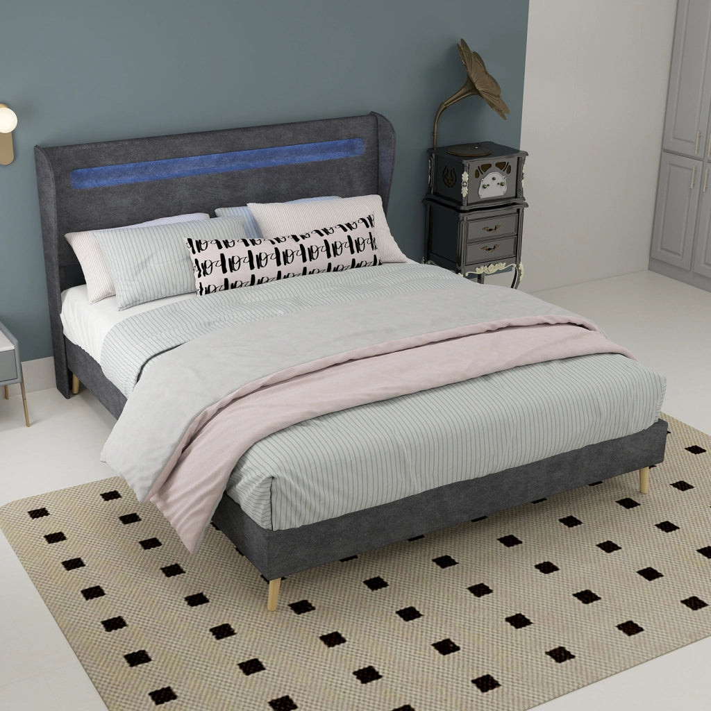 Letto Basso 140x200 cm - LED Regolabile; Schienale Regolabile - in Tessuto e Metallo Grigio