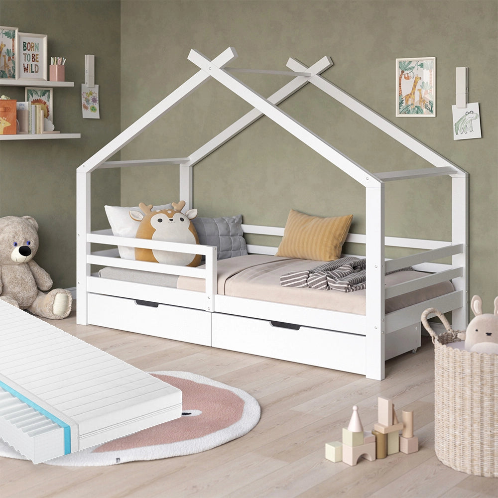 Vitalispa Letto montessori bambini Bianco 200 x 90 cm con cassetti e materasso
