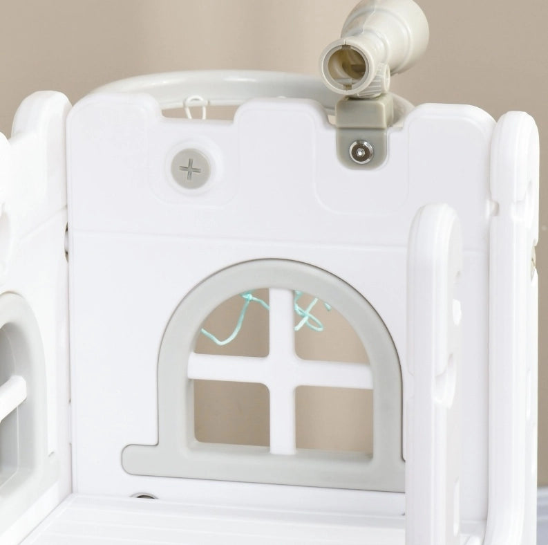 Scivolo per bambini 5 in 1 grigio con canestro, telescopio e contenitore