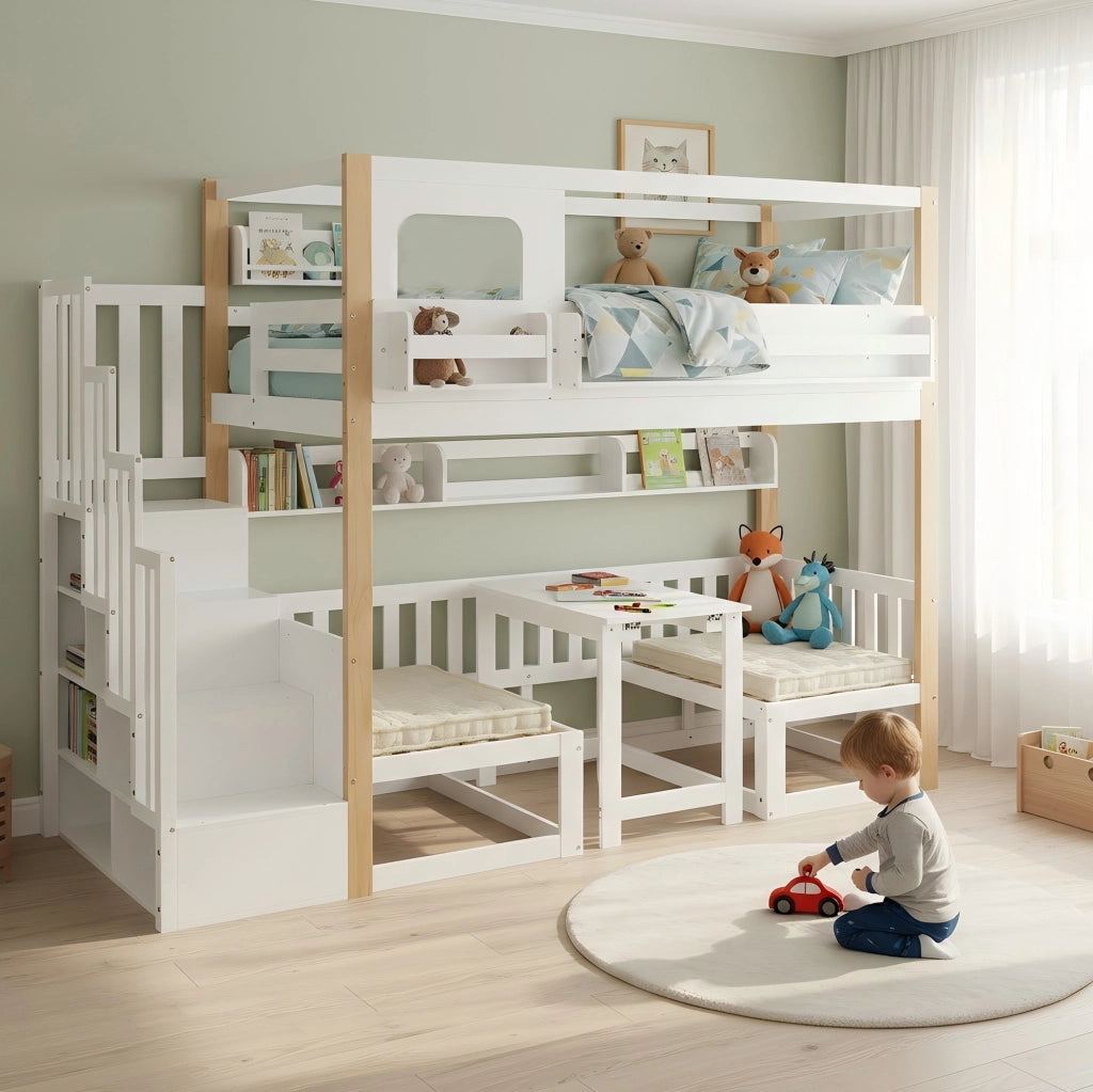 Letto a castello 90x200 cm bianco e naturale in legno e MDF con scala contenitore