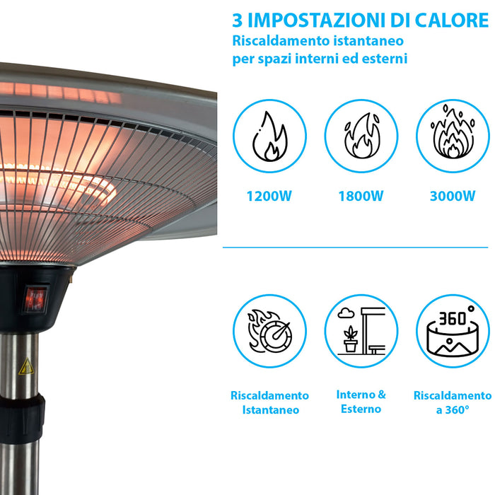 Stufa Elettrica Fungo Riscaldante Infrarossi Saturno Esterno-Interno Regolabile Argento