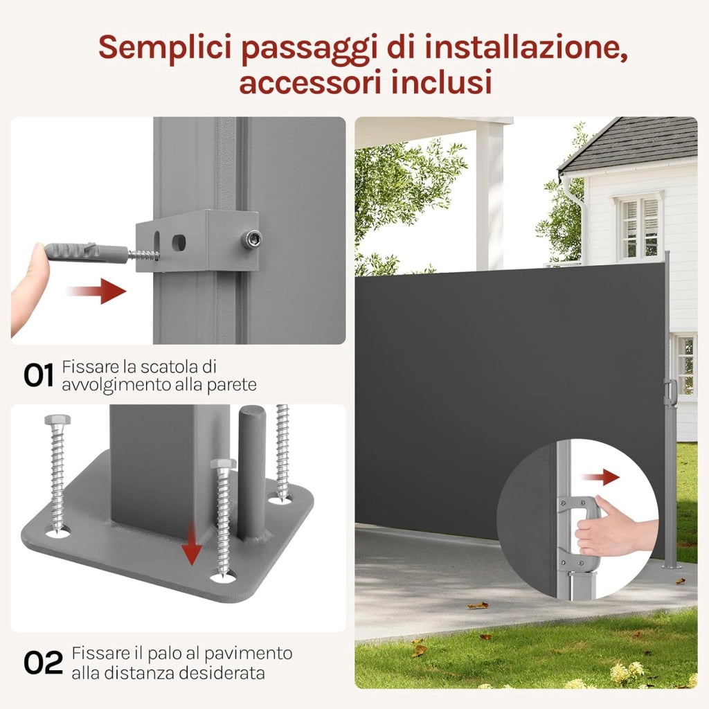 Paravento Esterno, Tenda Laterale Retrattile, 180x350 cm, Frangivista, Protezione Solare & Antivento, per Giardino, Balcone, Terrazza, Patio, Antracite