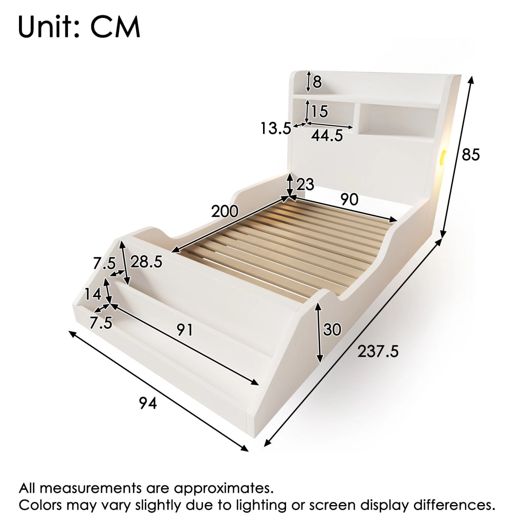 Letto singolo 90x200 cm in legno bianco con luci notturne e libreria