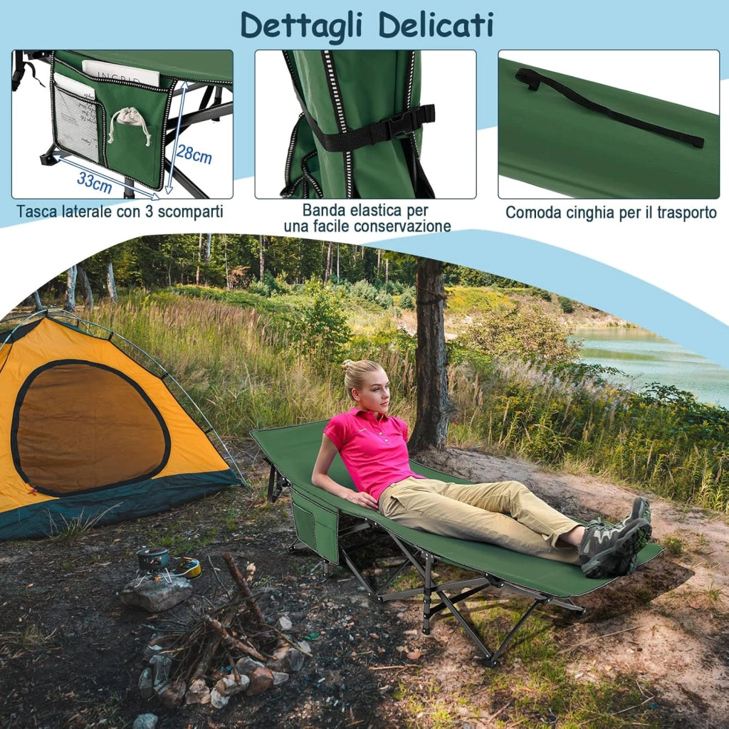 Brandina da Campeggio Pieghevole, Letto Portatile con Poggiatesta Inclinato, Tasca Laterale e Borsa di Trasporto, Branda Campeggio per Backpacking, Ospiti e Pesca, Portata 272 kg (Verde)