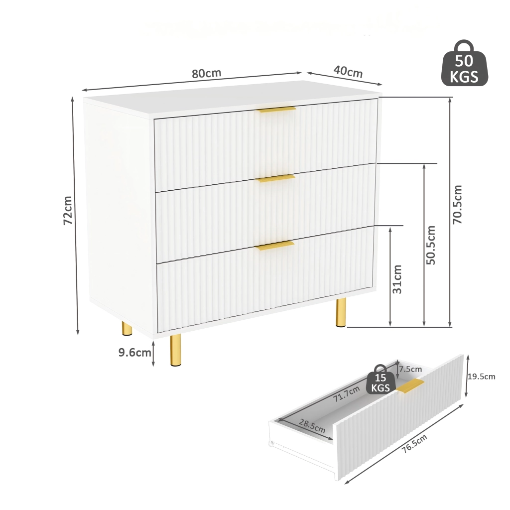 Cassettiera con 3 cassetti - per soggiorno e camera da letto - in MDF - 80x40x72 cm - bianco