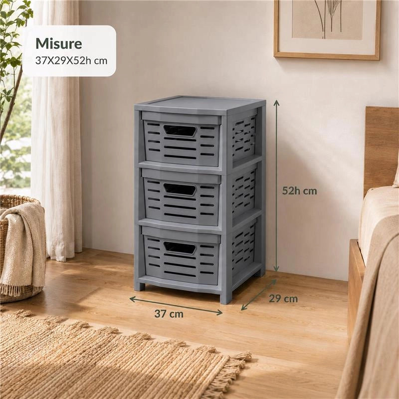 CASSETTIERA  MULTIUSO IN POLIPROLPILENE CON 3 CASSETTI , DOPPIA APERTURA E RUOTE - 365X28,5X51,5  CM COLORE GRIGIO