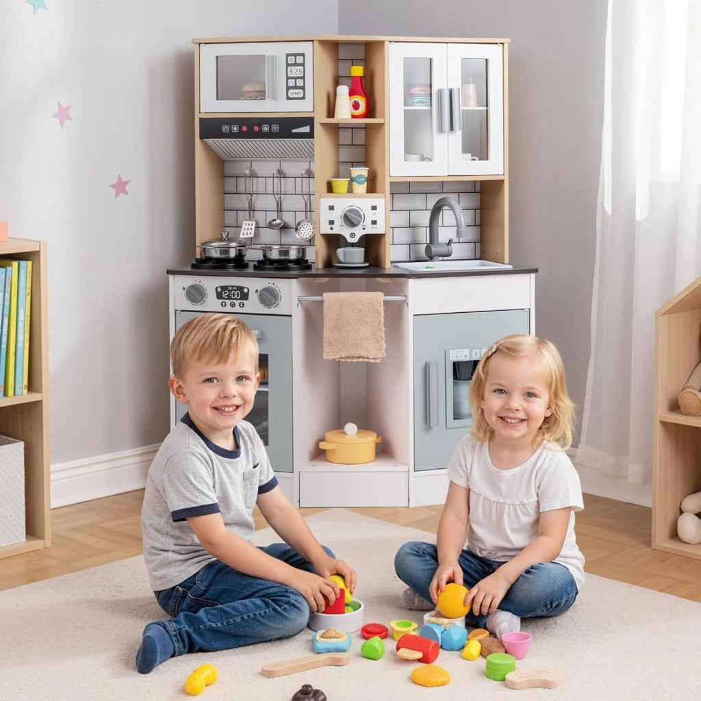 Cucina Giocattolo per Bambini, Cucinetta in Legno con Suoni e Luci, Fornello, Lavandino, Macchina del Caffè, Gioco Cucina di Ruolo per Bambini 3+ Anni (Grigio)
