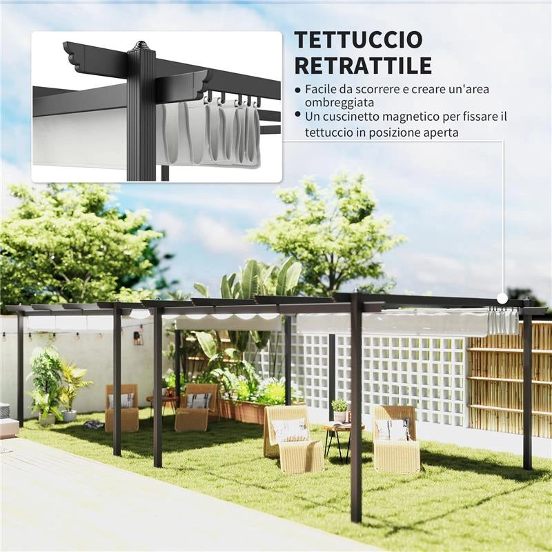 GAZEBO PERGOLA 4X4 M CON TETTUCCIO RETRATTILE, 8 VITI E 8 PICCHETTI IN ALLUMINIO, POLIESTERE E METALLO, BIANCO