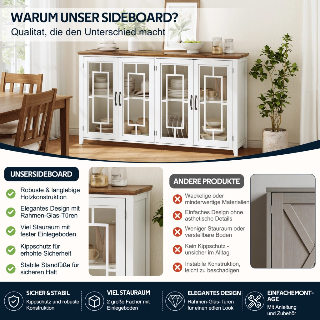 Credenza con 2 ante in vetro e 2 vani contenitore, piano effetto legno per cucina e soggiorno, bianca 160 × 40 × 86 cm