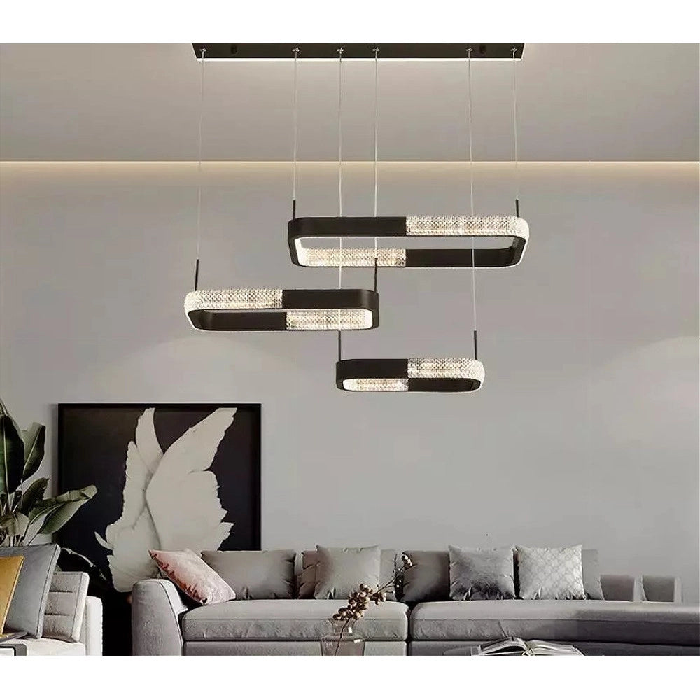 Trade Shop - Lampadario A Sospensione Led 68 W 3 Rettangoli Cristallo Telecomando Nero 32101 -