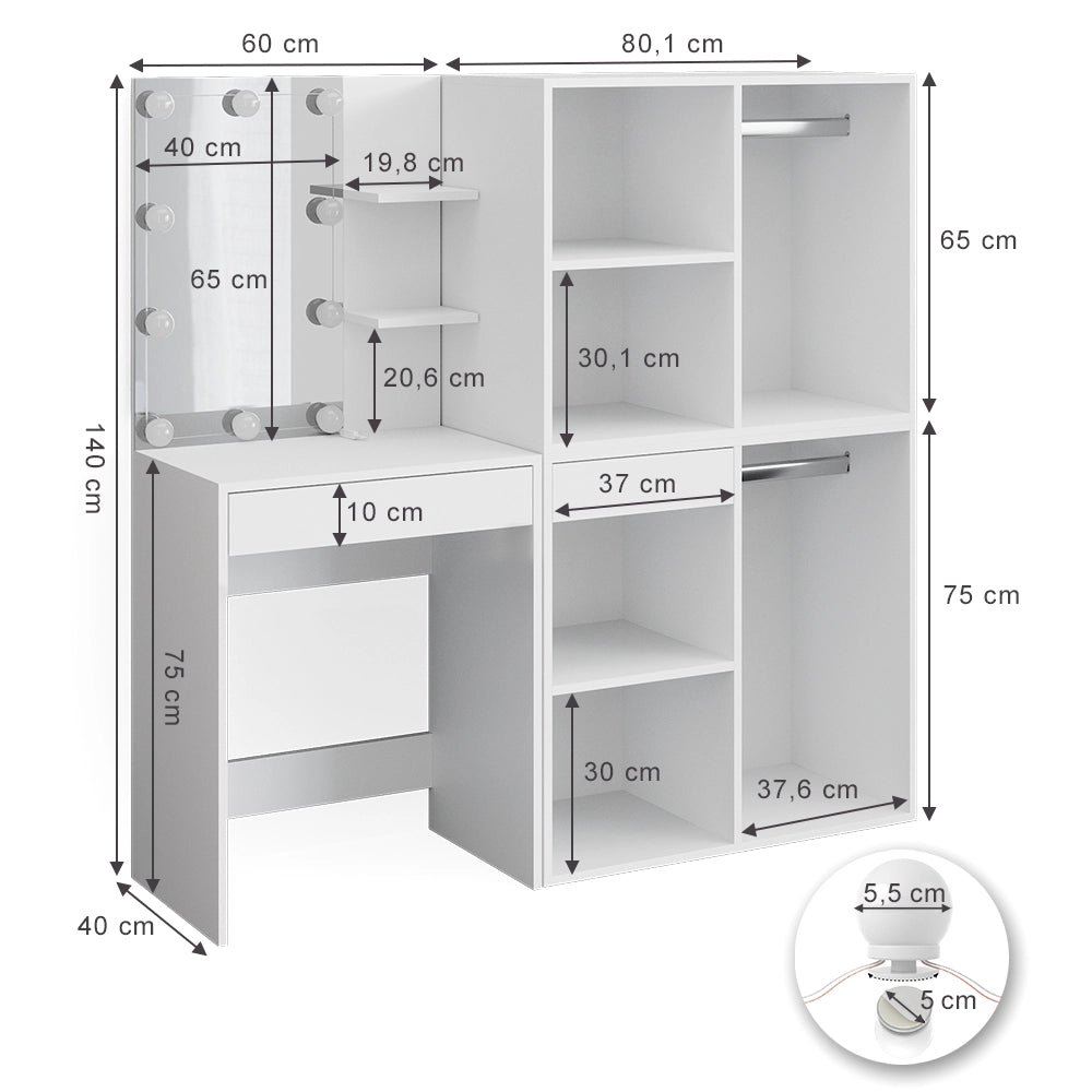 Vicco Tavolo da toeletta Bianco 140 cm con illuminazione LED e armadi