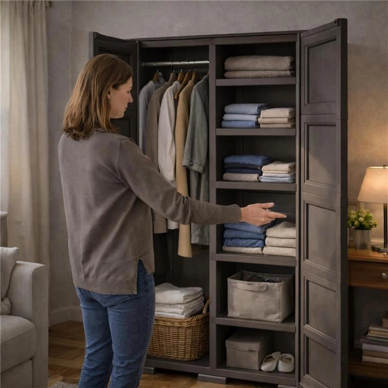 ARMADIO WENGÉ 2 ANTE 79X43X203 CM CON 6 SCOMPARTI E VANO PORTASCOPA – MOBILE ALTO ORGANIZZAZIONE CASA PER LAVANDERIA E INGRESSO