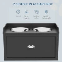 Ciotole per Cani Rialzate in Acciaio Inox e Legno con Cassetto, 60x30x36cm, Nero