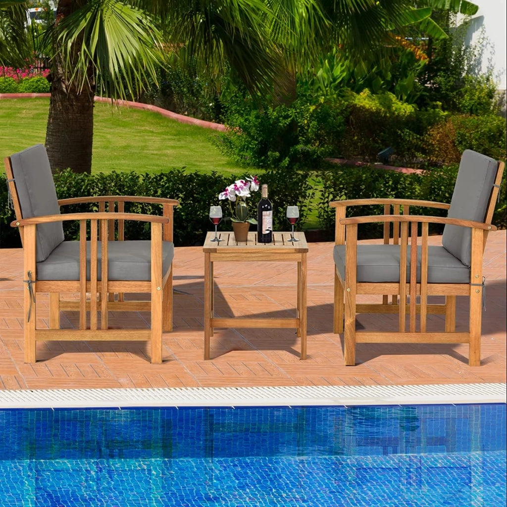 Set di Mobili da Giardino, Sedie Imbottiti in Legno con Cuscini e Tavolino da Caffè, Set da Mobili da Esterno per Cortile, Bordo Piscina e Balcone