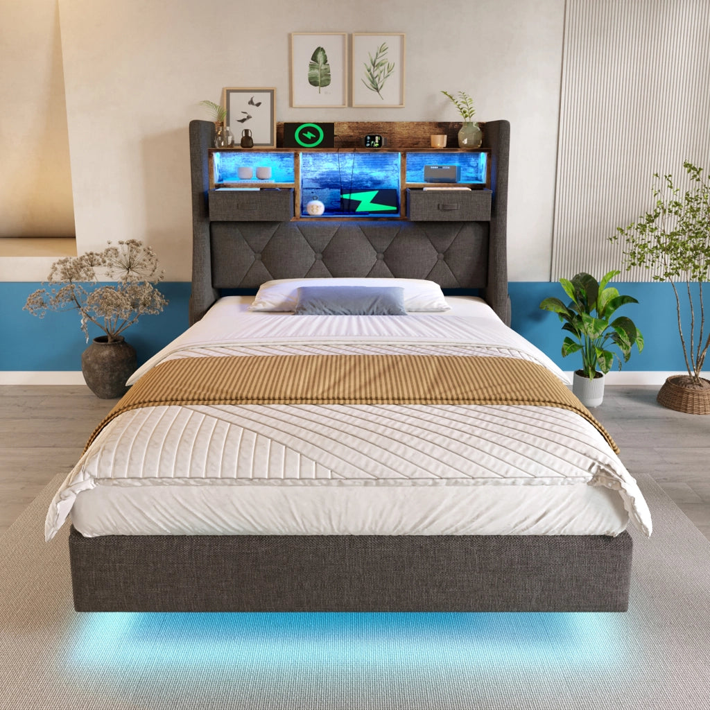 LETTO 90x200 cm con LED, testiera con ricarica USB/Type-C, lino grigio