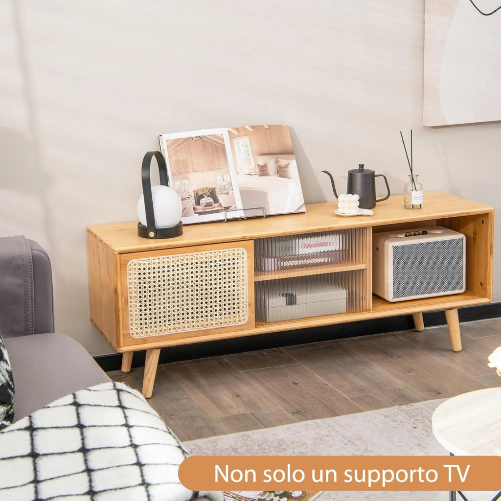 Mobile TV per TV Fino a 55", Mobile Porta TV Salloto, Mobiletto Soggiorno con 2 Ante Scorrevoli, Tavolo Consolle con Gambe in Legno Gamba, 120,5 x 31 x 45,5 cm (Naturale)