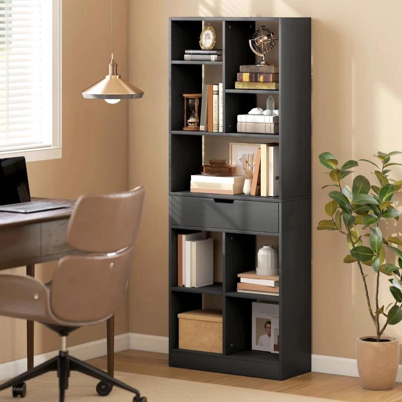 LIBRERIA MODERNA IN LEGNO CON CASSETTO CENTRALE E KIT ANTIRIBALTAMENTO, 60X26X158 CM, NERO