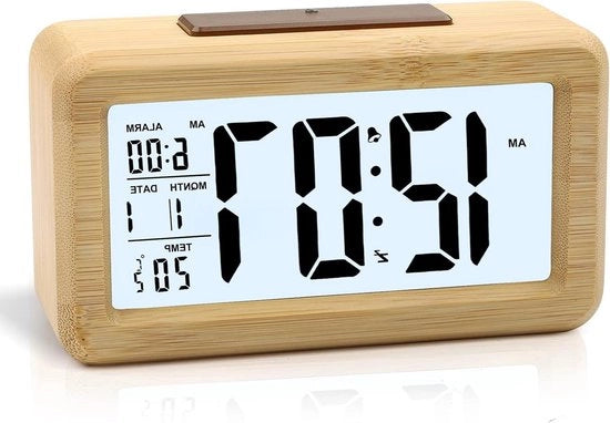 Alarme digitale houten orologio senza ticchettio con funzione sveglia, riposo e luce notturna - marrone