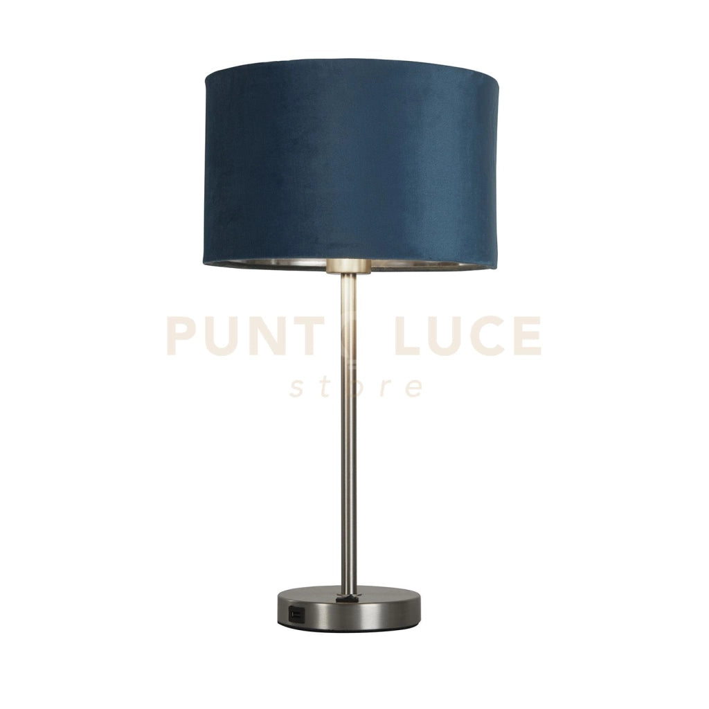 Lampada da tavolo Finn USB - Metallo nichel satinato e paralume in velluto verde acqua