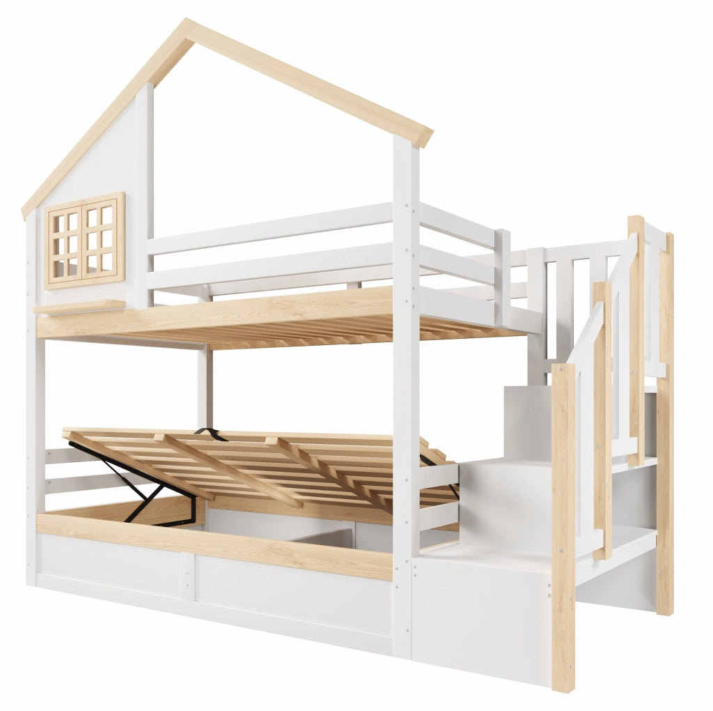 Letto a castello 90x200 cm con letto superiore a casetta; protezione e contenitore idraulico; bianco e naturale