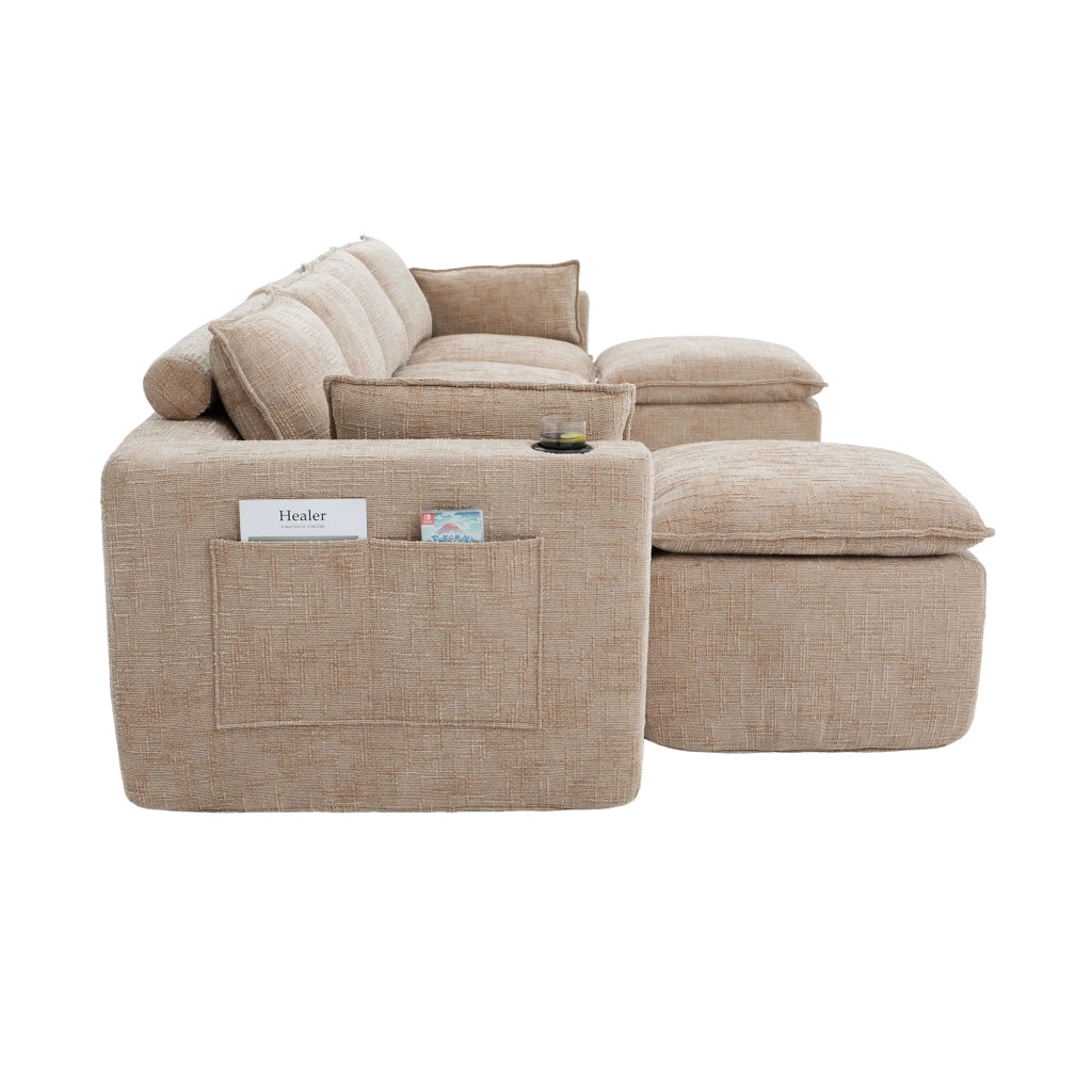 Divano modulare 4 posti con tasche laterali, cuscini e anima a molle, in ciniglia khaki per soggiorno 322 × 161 × 75 cm