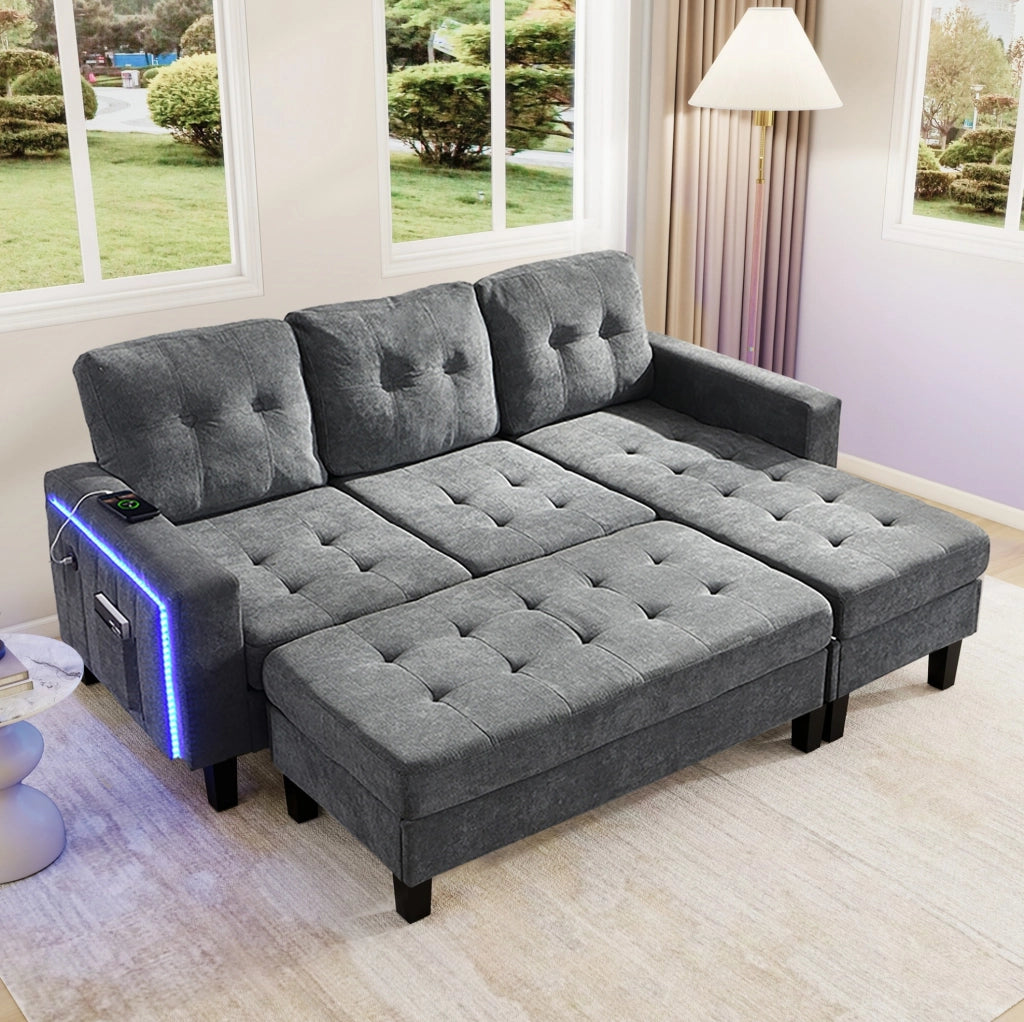 Divano letto angolare modulare con pouf XXL, LED e USB, grigio antico
