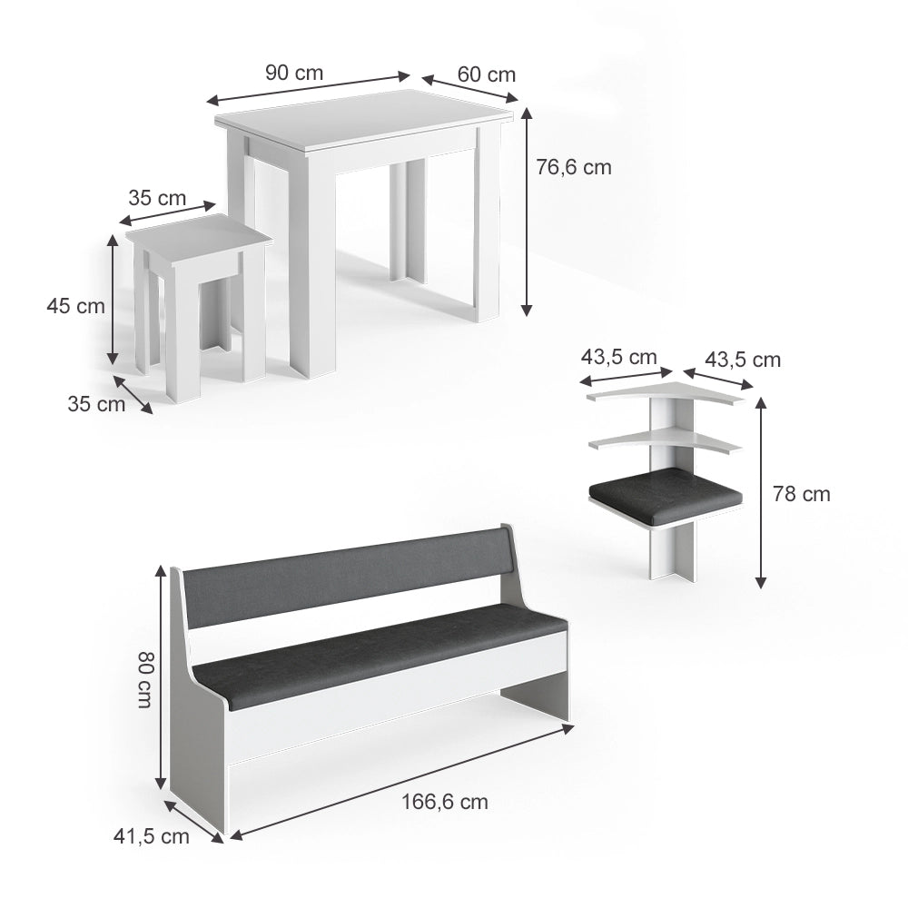 Vicco Gruppo panca ad angolo Bianco 210 x 41.5 cm con tavolo