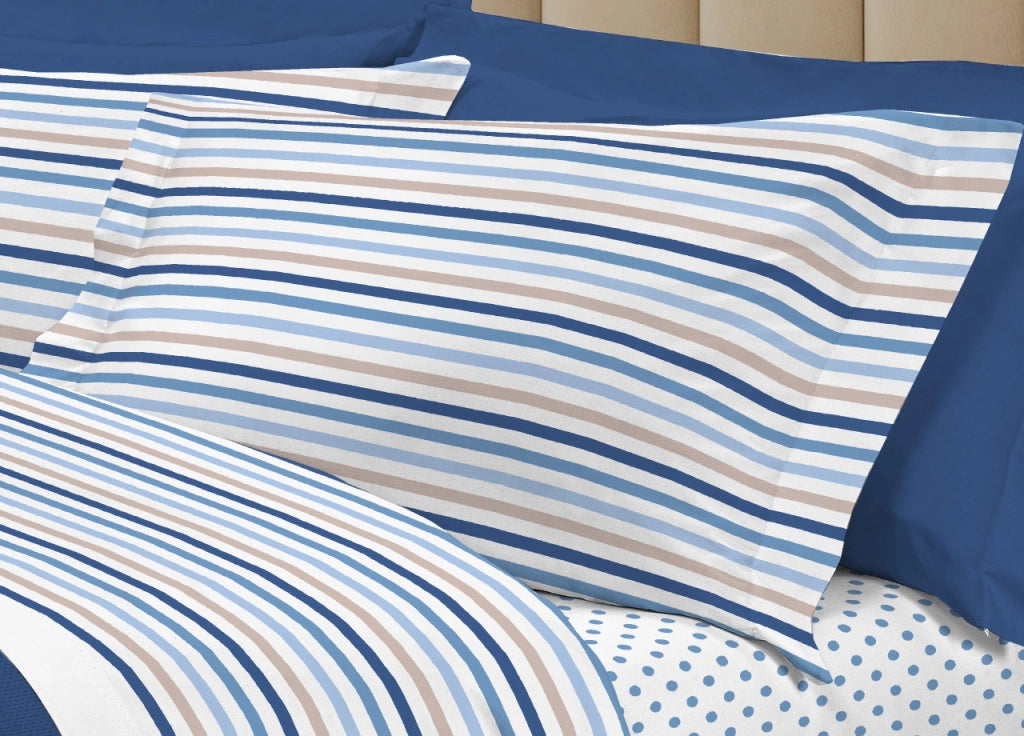 Completo Lenzuola Letto 100% Cotone Italy 3027 Disegno Riga Dots - Singolo - Blu