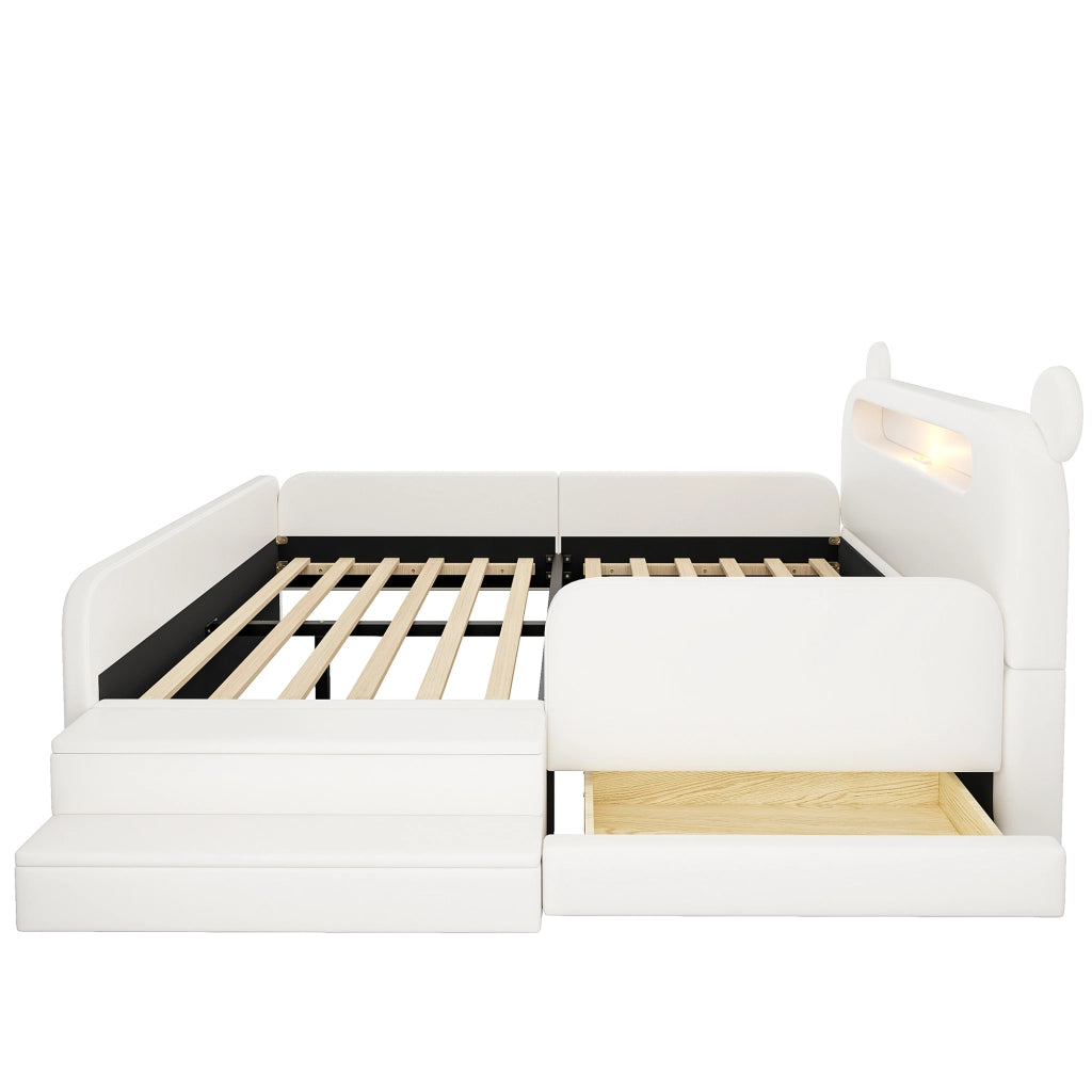 Letto imbottito per bambini con testiera a orso e USB, 140x200 cm, bianco