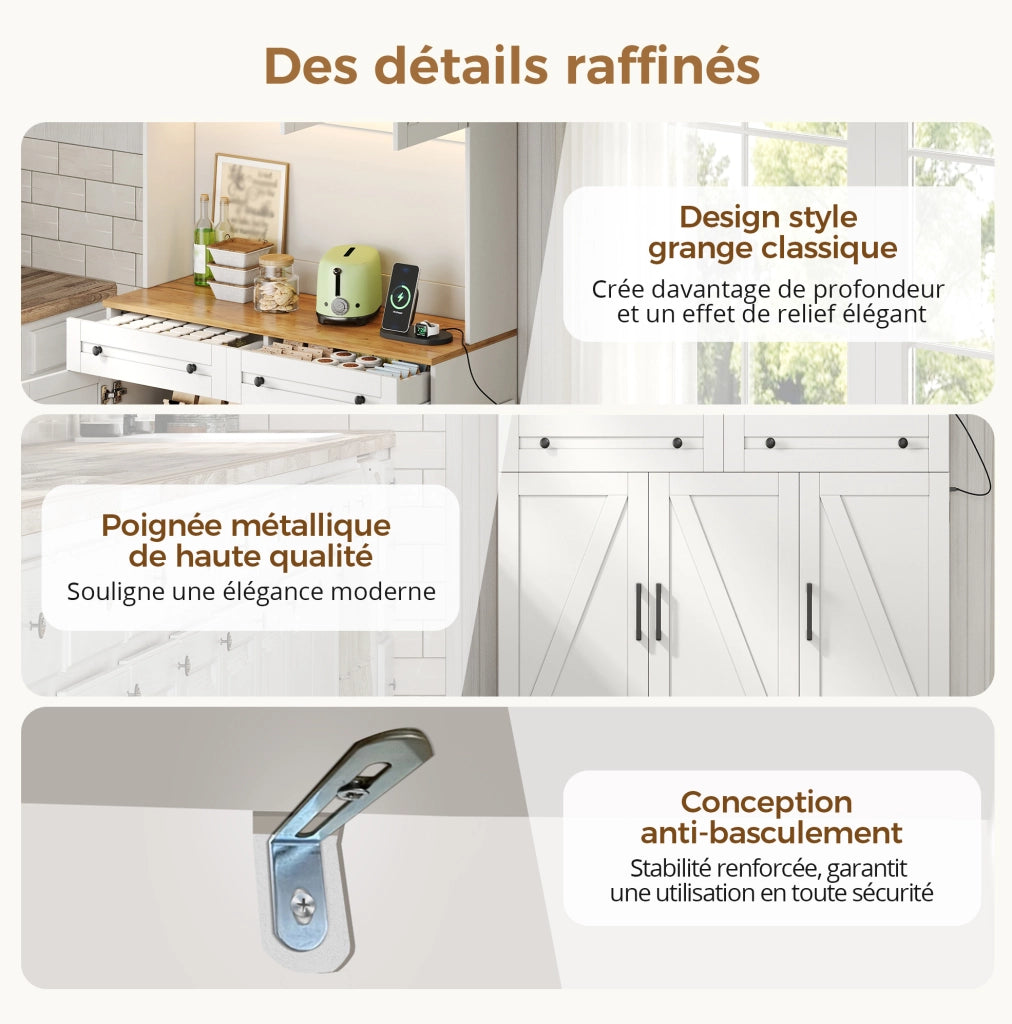 Credenza alta da cucina 100x40x180 cm in MDF naturale e bianco con LED e prese
