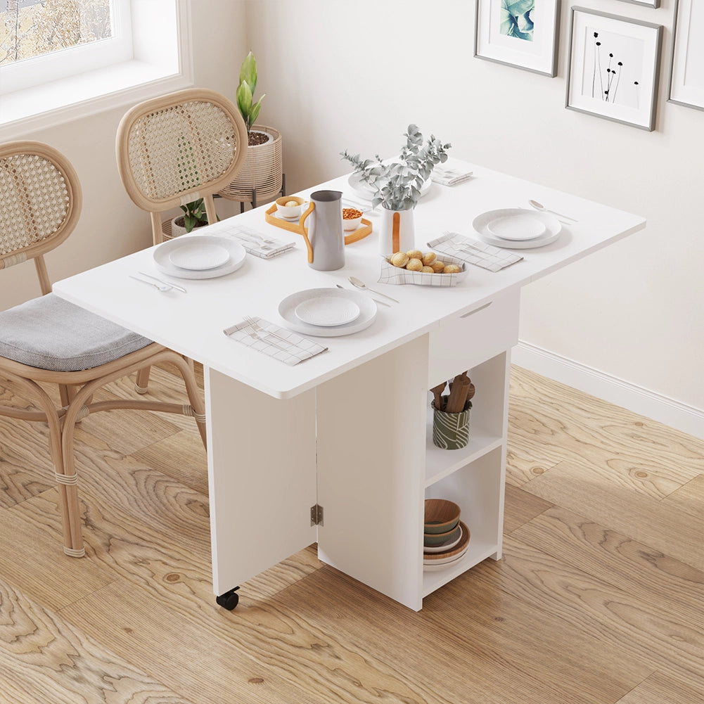 Tavolo Pieghevole Salvaspazio Anta a Ribalta 120x77x75 cm con Ruote in Legno Bianco