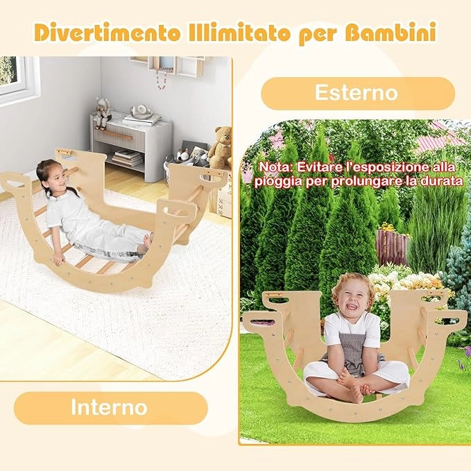 8 in 1 Arco da Arrampicata per Bambini, Altalena ad Arco in Legno con Contenitore Pieghevole, Palestra Montessori per Bambini 3 Anni + (90 × 50 × 48 cm)