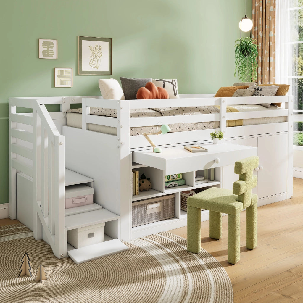 OKWISH Letto Bambino 90×200 cm, Letto Singolo con Scala, Contenitore, Cassetto Reversibile e Scrivania Ribaltabile, senza Materasso, Bianco